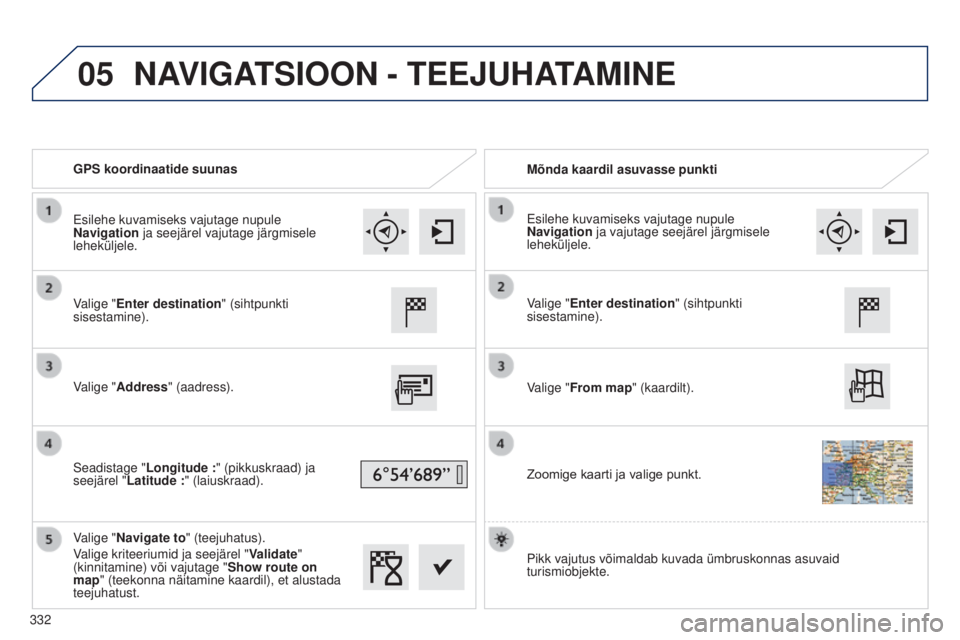 Peugeot 308 2015 Omaniku käsiraamat (in Estonian) 05
GPS koordinaatide suunasMõnda kaardil asuvasse punkti
Valige "Enter destination " (sihtpunkti
sisestamine).
Valige "Address" (aadress).
Seadistage " Longitude
:" (pikkus Peugeot 308 2015 Omaniku käsiraamat (in Estonian) 05
GPS koordinaatide suunasMõnda kaardil asuvasse punkti
Valige "Enter destination " (sihtpunkti
sisestamine).
Valige "Address" (aadress).
Seadistage " Longitude
:" (pikkus