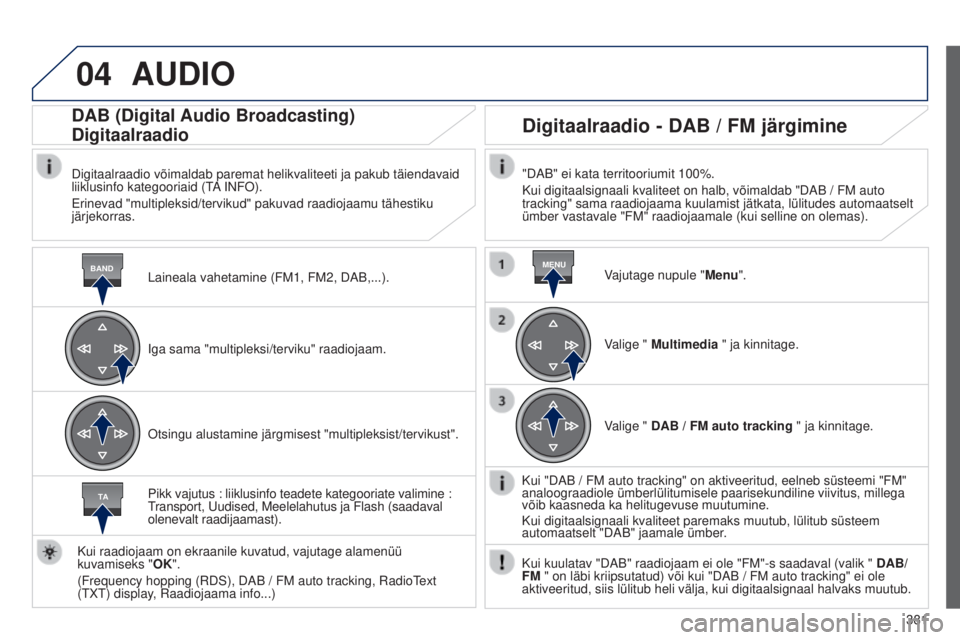 Peugeot 308 2015 Omaniku käsiraamat (in Estonian) 04
BANDMENU
TA
381
AUDIO
Laineala vahetamine (FM1, FM2, DAB,...).
DAB (Digital Audio Broadcasting)
Digitaalraadio
Digitaalraadio võimaldab paremat helikvaliteeti ja pakub täiendava\
id
liiklusinfo Peugeot 308 2015 Omaniku käsiraamat (in Estonian) 04
BANDMENU
TA
381
AUDIO
Laineala vahetamine (FM1, FM2, DAB,...).
DAB (Digital Audio Broadcasting)
Digitaalraadio
Digitaalraadio võimaldab paremat helikvaliteeti ja pakub täiendava\
id
liiklusinfo