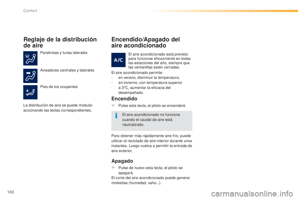 Peugeot 308 2015 Manual del propietario (in Spanish) 102
308_es_Chap03_confort_ed01-2015
Reglaje de la distribución
de aire
Parabrisas y lunas laterales
Pies de los ocupantes Aireadores centrales y laterales
La distribución de aire se puede modular
Peugeot 308 2015 Manual del propietario (in Spanish) 102
308_es_Chap03_confort_ed01-2015
Reglaje de la distribución
de aire
Parabrisas y lunas laterales
Pies de los ocupantes Aireadores centrales y laterales
La distribución de aire se puede modular