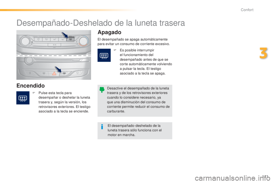 Peugeot 308 2015 Manual del propietario (in Spanish) 111
308_es_Chap03_confort_ed01-2015
Desempañado-Deshelado de la luneta trasera
EncendidoApagado
F Pulse esta tecla para
desempañar o deshelar la luneta
trasera y, según la versión, los
retrovis Peugeot 308 2015 Manual del propietario (in Spanish) 111
308_es_Chap03_confort_ed01-2015
Desempañado-Deshelado de la luneta trasera
EncendidoApagado
F Pulse esta tecla para
desempañar o deshelar la luneta
trasera y, según la versión, los
retrovis