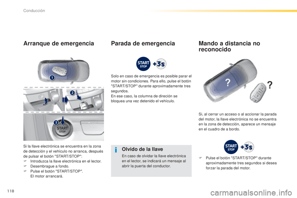 Peugeot 308 2015 Manual del propietario (in Spanish) 118
308_es_Chap04_conduite_ed01-2015
Olvido de la llave
En caso de olvidar la llave electrónica
en el lector, se indicará un mensaje al
abrir la puerta del conductor.
Arranque de emergencia
Si la Peugeot 308 2015 Manual del propietario (in Spanish) 118
308_es_Chap04_conduite_ed01-2015
Olvido de la llave
En caso de olvidar la llave electrónica
en el lector, se indicará un mensaje al
abrir la puerta del conductor.
Arranque de emergencia
Si la