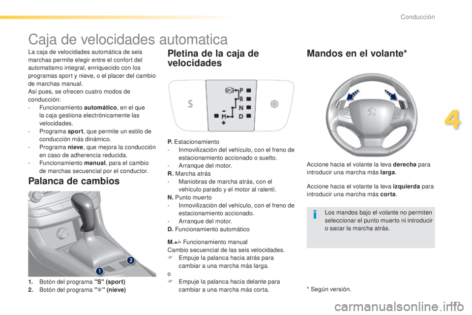Peugeot 308 2015 Manual del propietario (in Spanish) 131
308_es_Chap04_conduite_ed01-2015
Caja de velocidades automatica
La caja de velocidades automática de seis
marchas permite elegir entre el confort del
automatismo integral, enriquecido con los
Peugeot 308 2015 Manual del propietario (in Spanish) 131
308_es_Chap04_conduite_ed01-2015
Caja de velocidades automatica
La caja de velocidades automática de seis
marchas permite elegir entre el confort del
automatismo integral, enriquecido con los