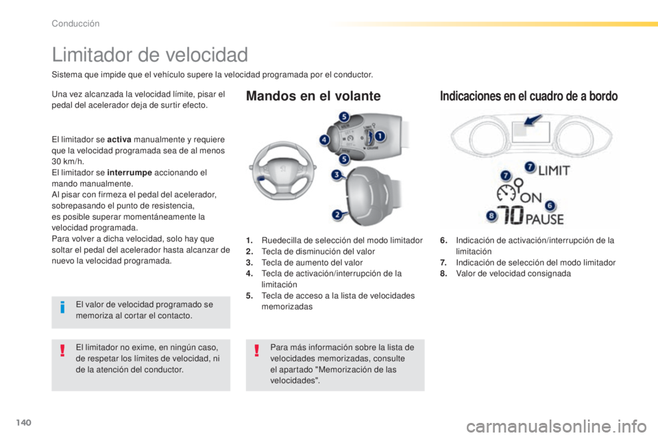 Peugeot 308 2015 Manual del propietario (in Spanish) 140
308_es_Chap04_conduite_ed01-2015
Mandos en el volante
6. Indicación de activación/interrupción de la
limitación
7.
I
ndicación de selección del modo limitador
8.
V
alor de veloc Peugeot 308 2015 Manual del propietario (in Spanish) 140
308_es_Chap04_conduite_ed01-2015
Mandos en el volante
6. Indicación de activación/interrupción de la
limitación
7.
I
ndicación de selección del modo limitador
8.
V
alor de veloc
