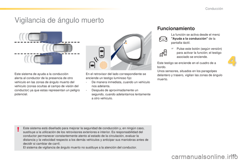 Peugeot 308 2015 Manual del propietario (in Spanish) 163
308_es_Chap04_conduite_ed01-2015
Vigilancia de ángulo muerto
Funcionamiento
En el retrovisor del lado correspondiente se
enciende un testigo luminoso fijo:
-
D
e manera inmediata, cuando un ve Peugeot 308 2015 Manual del propietario (in Spanish) 163
308_es_Chap04_conduite_ed01-2015
Vigilancia de ángulo muerto
Funcionamiento
En el retrovisor del lado correspondiente se
enciende un testigo luminoso fijo:
-
D
e manera inmediata, cuando un ve