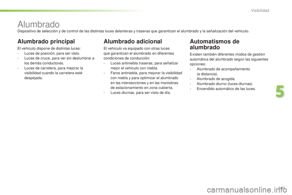 Peugeot 308 2015 Manual del propietario (in Spanish) 181
308_es_Chap05_visibilite_ed01-2015
AlumbradoDispositivo de selección y de control de las distintas luces delanteras y traseras que garantizan el alumbrado y la señalización del vehículo.
Alumb Peugeot 308 2015 Manual del propietario (in Spanish) 181
308_es_Chap05_visibilite_ed01-2015
AlumbradoDispositivo de selección y de control de las distintas luces delanteras y traseras que garantizan el alumbrado y la señalización del vehículo.
Alumb