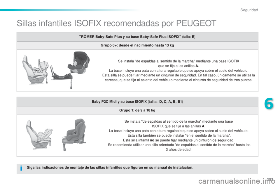 Peugeot 308 2015 Manual del propietario (in Spanish) 223
308_es_Chap06_securite_ed01-2015
Sillas infantiles ISOFIX recomendadas por PEUGEOT
Siga las indicaciones de montaje de las sillas infantiles que figuran en su manual de instalación."RÖMER Ba Peugeot 308 2015 Manual del propietario (in Spanish) 223
308_es_Chap06_securite_ed01-2015
Sillas infantiles ISOFIX recomendadas por PEUGEOT
Siga las indicaciones de montaje de las sillas infantiles que figuran en su manual de instalación."RÖMER Ba