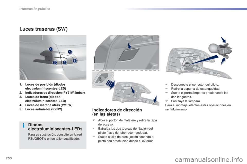 Peugeot 308 2015  Manual del propietario (in Spanish) 250
308_es_Chap07_info-pratiques_ed01-2015
Luces traseras (SW)
Diodos 
electroluminiscentes-LEDs
Para su sustitución, consulte en la red 
PEUGEOT o en un taller cualificado.
Indicadores de dirección