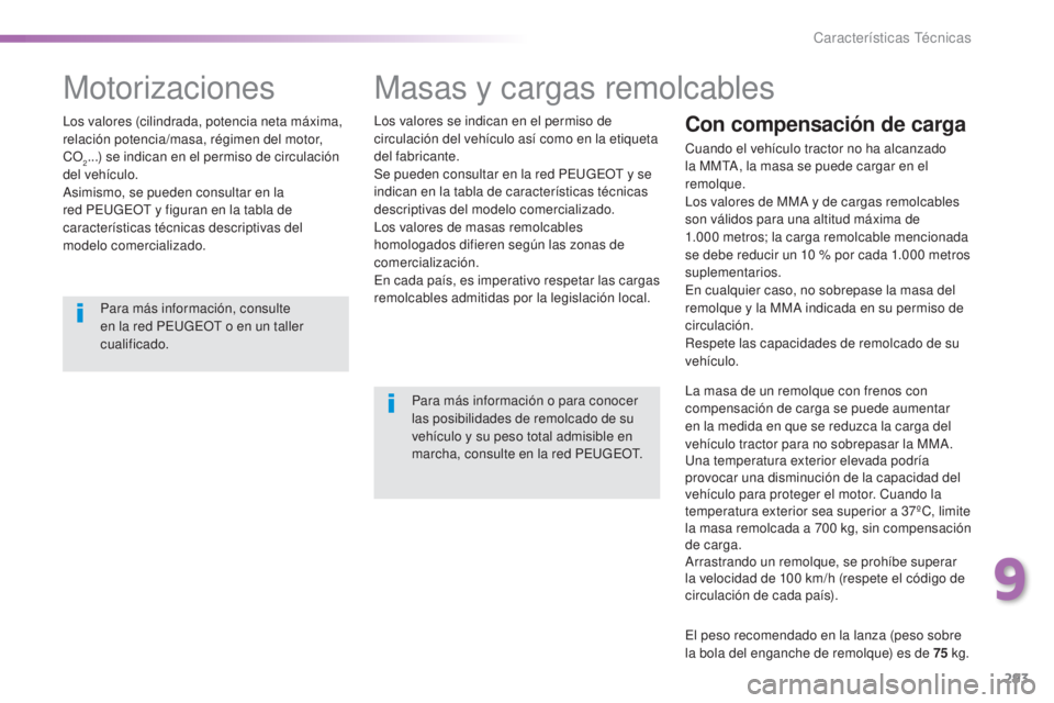 Peugeot 308 2015 Manual del propietario (in Spanish) 293
308_es_Chap09_caracteristiques-techniques_ed01-2015
Masas y cargas remolcables
Los valores se indican en el permiso de
circulación del vehículo así como en la etiqueta
del fabricante.
Se pued Peugeot 308 2015 Manual del propietario (in Spanish) 293
308_es_Chap09_caracteristiques-techniques_ed01-2015
Masas y cargas remolcables
Los valores se indican en el permiso de
circulación del vehículo así como en la etiqueta
del fabricante.
Se pued