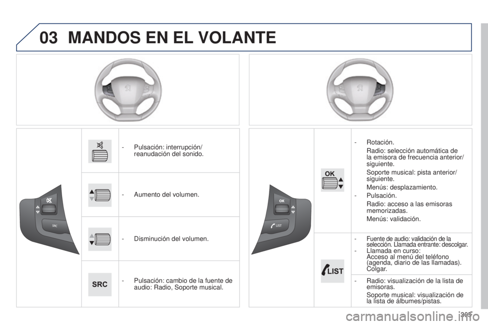 Peugeot 308 2015  Manual del propietario (in Spanish) 03
305
MANDOS EN EL VOLANTE
- Pulsación: interrupción/
reanudación del sonido.
-
 
Aumento del volumen.
-

 
Disminución del volumen.
-

 
Pulsación: cambio de la fuente de 
audio: Radio, Soporte