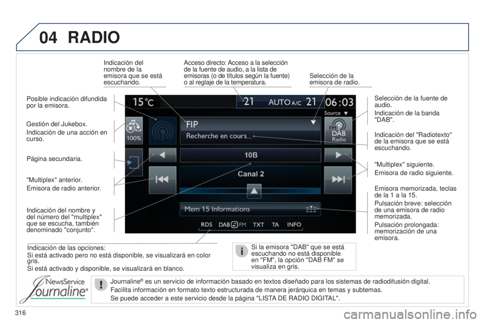 Peugeot 308 2015 Manual del propietario (in Spanish) 04
316
RADIO
Indicación de las opciones:
Si está activado pero no está disponible, se visualizará en col\
or
gris.
Si está activado y disponible, se visualizará en blanco.Indicación del "R Peugeot 308 2015 Manual del propietario (in Spanish) 04
316
RADIO
Indicación de las opciones:
Si está activado pero no está disponible, se visualizará en col\
or
gris.
Si está activado y disponible, se visualizará en blanco.Indicación del "R