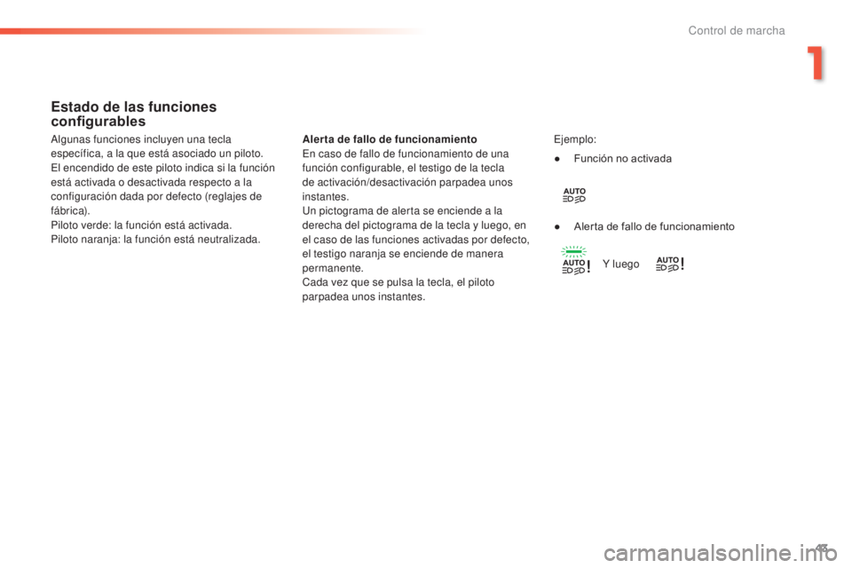 Peugeot 308 2015  Manual del propietario (in Spanish) 43
308_es_Chap01_controle-de-marche_ed01-2015
Estado de las funciones 
configurables
Alerta de fallo de funcionamiento
En caso de fallo de funcionamiento de una 
función configurable, el testigo de l