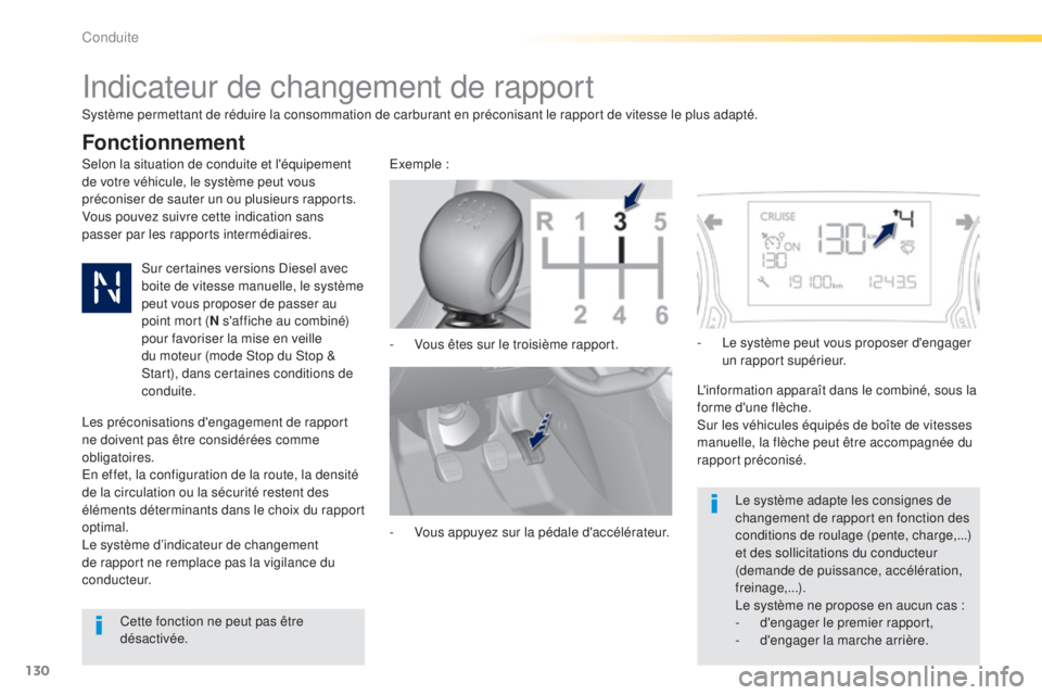 Peugeot 308 2015 Manuel du propriétaire (in French) 130
Indicateur de changement de rapport
Selon la situation de conduite et l'équipement
de votre véhicule, le système peut vous
préconiser de sauter un ou plusieurs rapports.
Vous pouvez suiv Peugeot 308 2015 Manuel du propriétaire (in French) 130
Indicateur de changement de rapport
Selon la situation de conduite et l'équipement
de votre véhicule, le système peut vous
préconiser de sauter un ou plusieurs rapports.
Vous pouvez suiv