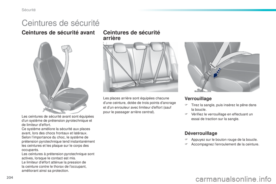 Peugeot 308 2015 Manuel du propriétaire (in French) 204
Ceintures de sécurité
Ceintures de sécurité avant Ceintures de sécurité arrière
Les places arrière sont équipées chacune
d’une ceinture, dotée de trois points d’ancrage
et d’un Peugeot 308 2015 Manuel du propriétaire (in French) 204
Ceintures de sécurité
Ceintures de sécurité avant Ceintures de sécurité arrière
Les places arrière sont équipées chacune
d’une ceinture, dotée de trois points d’ancrage
et d’un