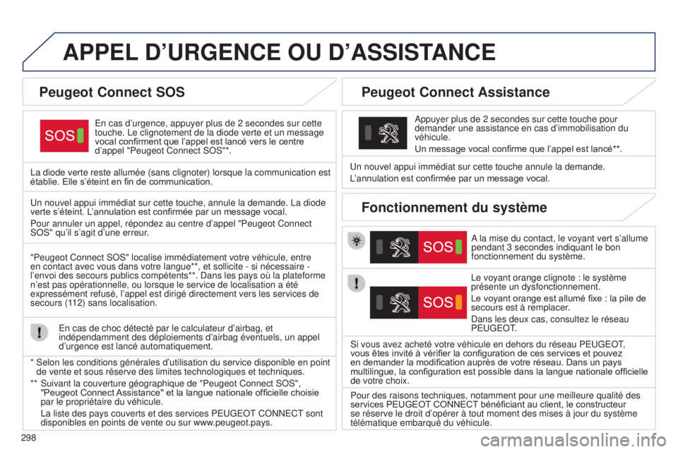 Peugeot 308 2015 Manuel du propriétaire (in French) 298
APPEL D ’ URGENCE OU D ’ ASSISTANCE
En cas d’urgence, appuyer plus de 2 secondes sur cette
touche. Le clignotement de la diode verte et un message
vocal confirment que l’appel est la Peugeot 308 2015 Manuel du propriétaire (in French) 298
APPEL D ’ URGENCE OU D ’ ASSISTANCE
En cas d’urgence, appuyer plus de 2 secondes sur cette
touche. Le clignotement de la diode verte et un message
vocal confirment que l’appel est la