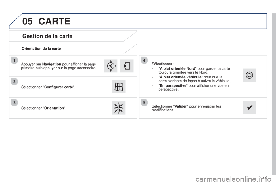 Peugeot 308 2015  Manuel du propriétaire (in French) 05
341
Gestion de la carte
CARTE
Orientation de la carte
Sélectionner " Configurer carte".
Sélectionner " Orientation". Sélectionner :
-
  "A plat orientée Nord" pour garde