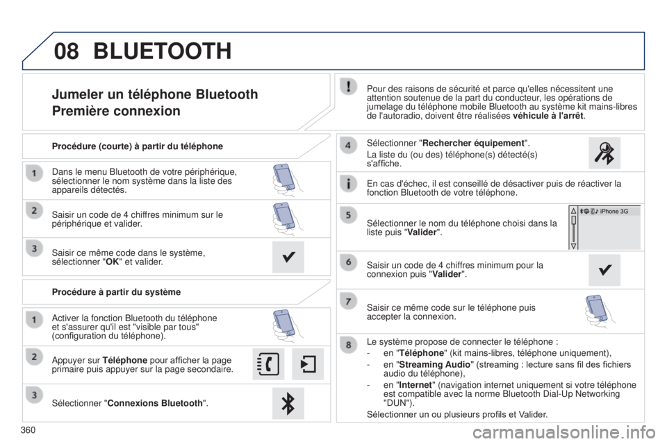Peugeot 308 2015 Manuel du propriétaire (in French) 08
360
Jumeler un téléphone Bluetooth
Première connexionPour des raisons de sécurité et parce qu'elles nécessitent une \
attention soutenue de la part du conducteur, les opérations de
jum Peugeot 308 2015 Manuel du propriétaire (in French) 08
360
Jumeler un téléphone Bluetooth
Première connexionPour des raisons de sécurité et parce qu'elles nécessitent une \
attention soutenue de la part du conducteur, les opérations de
jum