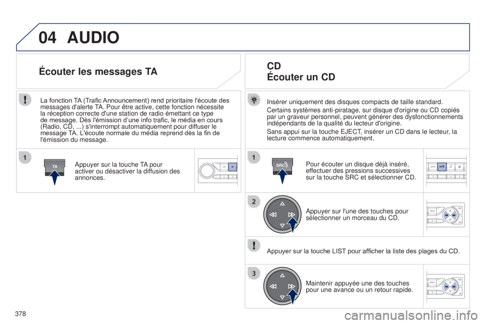 Peugeot 308 2015  Manuel du propriétaire (in French) 04
TASRC
378
AUDIO
Insérer uniquement des disques compacts de taille standard.
Certains systèmes anti-piratage, sur disque d'origine ou CD copiés\
 
par un graveur personnel, peuvent générer 