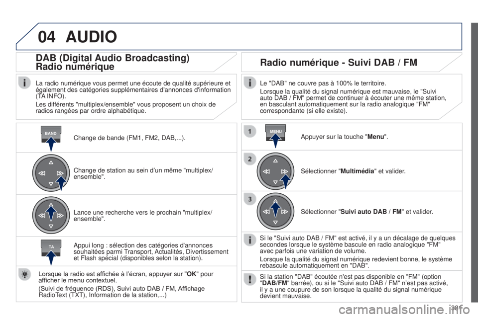 Peugeot 308 2015  Manuel du propriétaire (in French) 04
BANDMENU
TA
381
AUDIO
Change de bande (FM1, FM2, DAB,...).
DAB (Digital Audio Broadcasting)
Radio numérique
La radio numérique vous permet une écoute de qualité supérie\
ure et 
également des