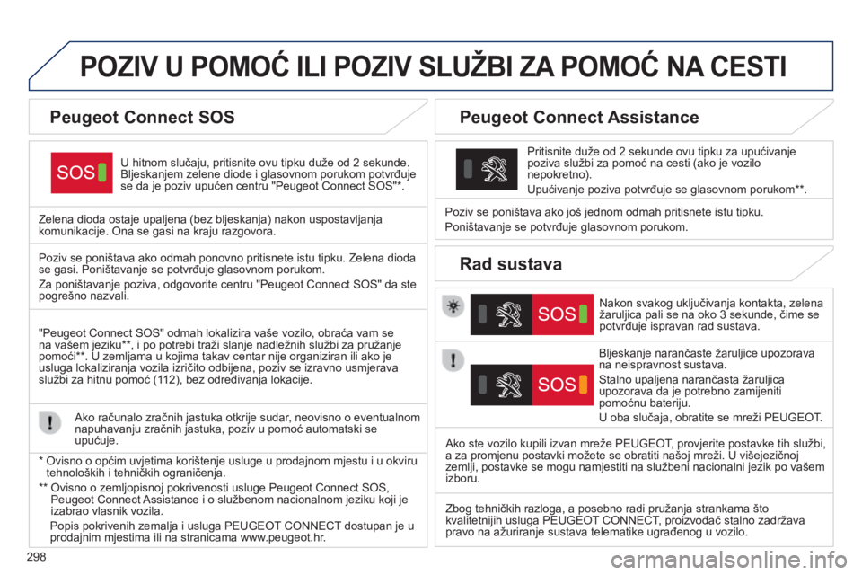 Peugeot 308 2015 Vodič za korisnike (in Croatian) 298
POZIV U POMOć ILI POZIV SLUŽBI ZA POMO ć NA CESTI
U hitnom slučaju, pritisnite ovu tipku duže od 2 sekunde.
Bljeskanjem zelene diode i glasovnom porukom potvrđuje
se da je poziv upućen Peugeot 308 2015 Vodič za korisnike (in Croatian) 298
POZIV U POMOć ILI POZIV SLUŽBI ZA POMO ć NA CESTI
U hitnom slučaju, pritisnite ovu tipku duže od 2 sekunde.
Bljeskanjem zelene diode i glasovnom porukom potvrđuje
se da je poziv upućen