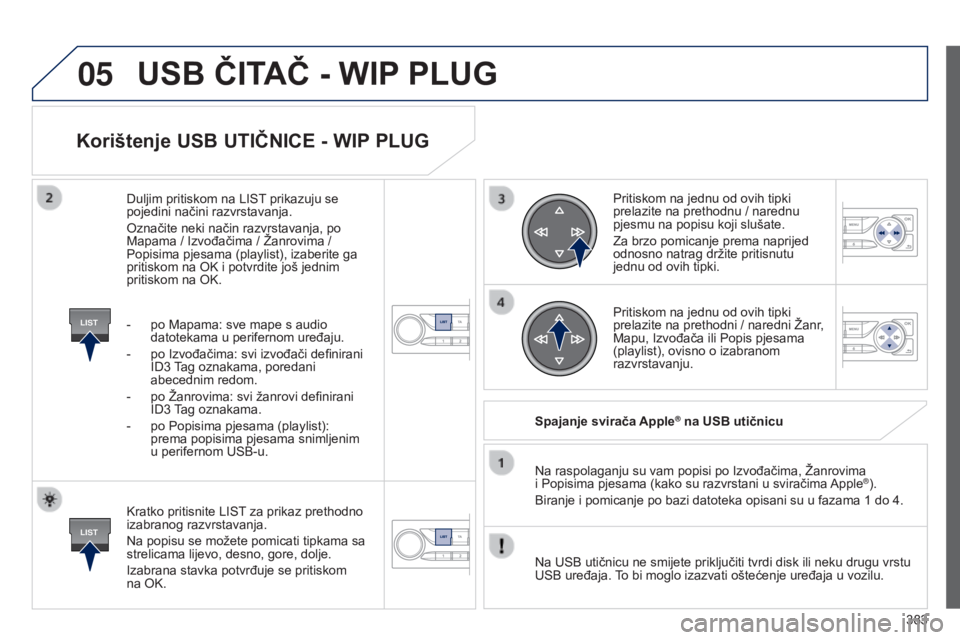 Peugeot 308 2015  Vodič za korisnike (in Croatian) 05
LIST
LIST
383
Korištenje USB UTIČNICE - WIP PLUG
Kratko pritisnite LIST za prikaz prethodno 
izabranog razvrstavanja.
Na popisu se možete pomicati tipkama sa 
strelicama lijevo, desno, gore, dol