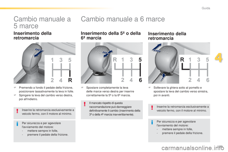 Peugeot 308 2015 Manuale del proprietario (in Italian) 129
308_it_Chap04_conduite_ed01-2015
Inserire la retromarcia esclusivamente a
veicolo fermo, con il motore al minimo.
Per sicurezza e per agevolare
l'avviamento del motore:
-
m
ettere sempre i Peugeot 308 2015 Manuale del proprietario (in Italian) 129
308_it_Chap04_conduite_ed01-2015
Inserire la retromarcia esclusivamente a
veicolo fermo, con il motore al minimo.
Per sicurezza e per agevolare
l'avviamento del motore:
-
m
ettere sempre i