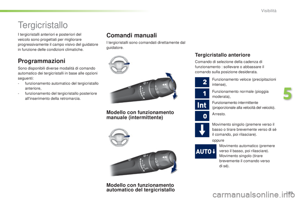 Peugeot 308 2015 Manuale del proprietario (in Italian) 189
308_it_Chap05_visibilite_ed01-2015
Tergicristallo
Programmazioni
Sono disponibili diverse modalità di comando
automatico dei tergicristalli in base alle opzioni
seguenti:
-
f
unzionamento aut Peugeot 308 2015 Manuale del proprietario (in Italian) 189
308_it_Chap05_visibilite_ed01-2015
Tergicristallo
Programmazioni
Sono disponibili diverse modalità di comando
automatico dei tergicristalli in base alle opzioni
seguenti:
-
f
unzionamento aut