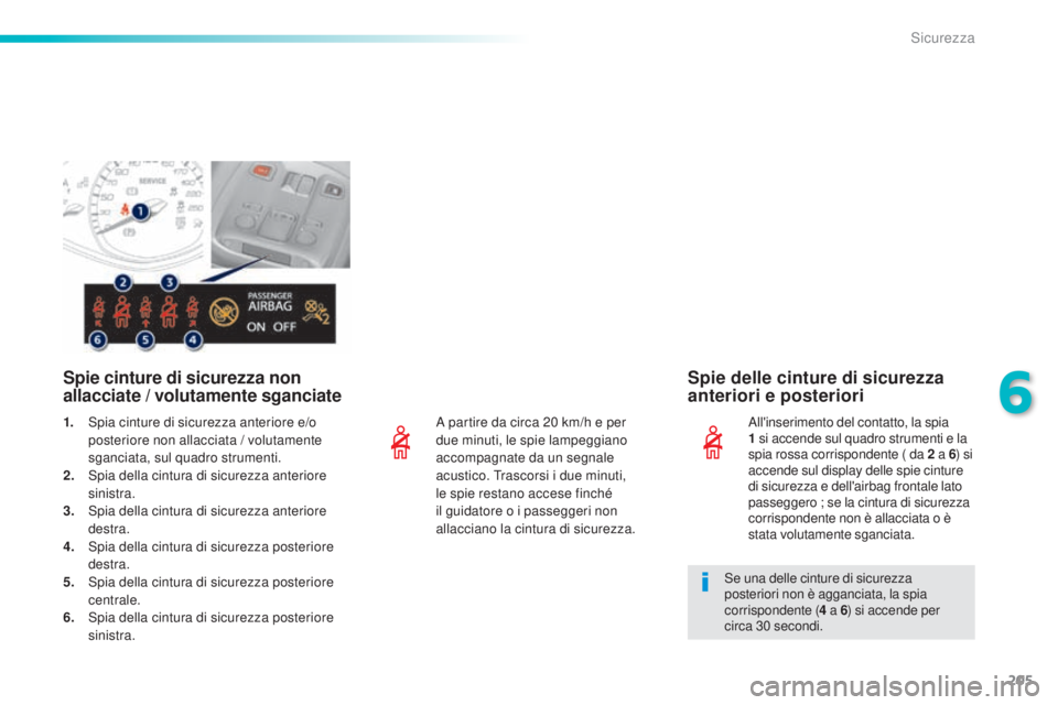 Peugeot 308 2015  Manuale del proprietario (in Italian) 205
308_it_Chap06_securite_ed01-2015
A partire da circa 20 km/h e per 
d ue minuti, le spie lampeggiano 
accompagnate da un segnale 
acustico. Trascorsi i due minuti, 
le spie restano accese finché 
