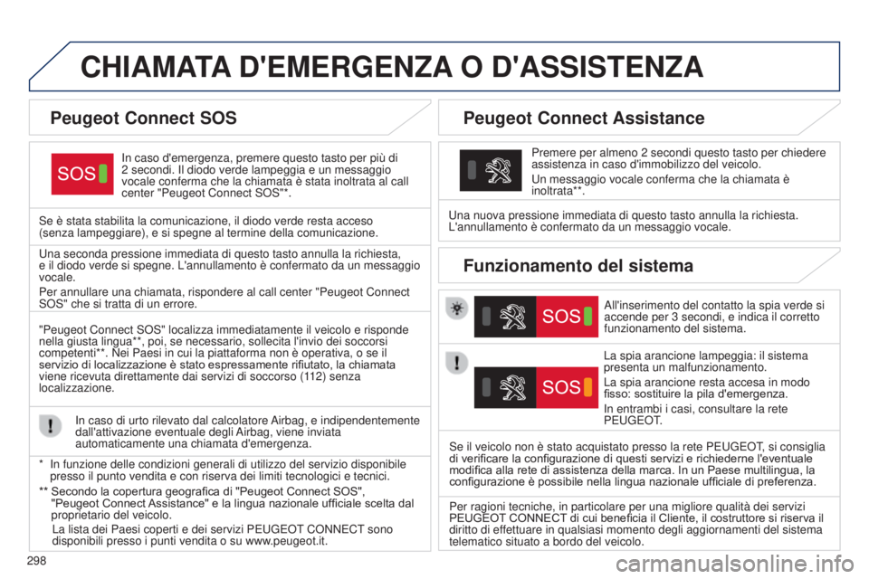 Peugeot 308 2015 Manuale del proprietario (in Italian) 298
CHIAMATA D ' EMERGENZA O D ' ASSISTENZA
In caso d'emergenza, premere questo tasto per più di
2
secondi. Il diodo verde lampeggia e un messaggio
vocale conferma che la chiamata Peugeot 308 2015 Manuale del proprietario (in Italian) 298
CHIAMATA D ' EMERGENZA O D ' ASSISTENZA
In caso d'emergenza, premere questo tasto per più di
2
secondi. Il diodo verde lampeggia e un messaggio
vocale conferma che la chiamata