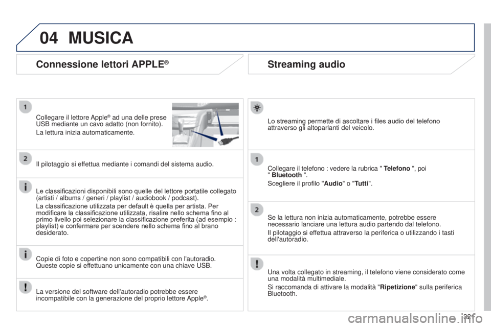 Peugeot 308 2015 Manuale del proprietario (in Italian) 04
321
Streaming audio
Lo streaming permette di ascoltare i files audio del telefono
attraverso gli altoparlanti del veicolo.
Collegare il telefono : vedere la rubrica " Telefono ", poi
Peugeot 308 2015 Manuale del proprietario (in Italian) 04
321
Streaming audio
Lo streaming permette di ascoltare i files audio del telefono
attraverso gli altoparlanti del veicolo.
Collegare il telefono : vedere la rubrica " Telefono ", poi