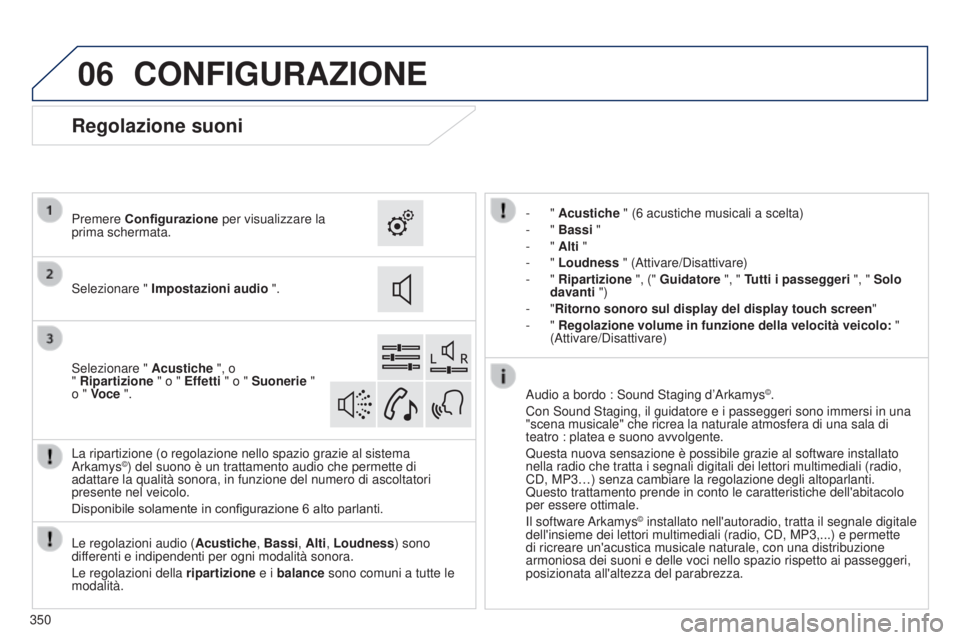 Peugeot 308 2015 Manuale del proprietario (in Italian) 06CONFIGURAZIONE
- " Acustiche " (6 acustiche musicali a scelta)
- " Bassi "
-
" Alti "
-
" Loudness " (Attivare/Disattivare)
-
" Ripartizione ", ( Peugeot 308 2015 Manuale del proprietario (in Italian) 06CONFIGURAZIONE
- " Acustiche " (6 acustiche musicali a scelta)
- " Bassi "
-
" Alti "
-
" Loudness " (Attivare/Disattivare)
-
" Ripartizione ", (