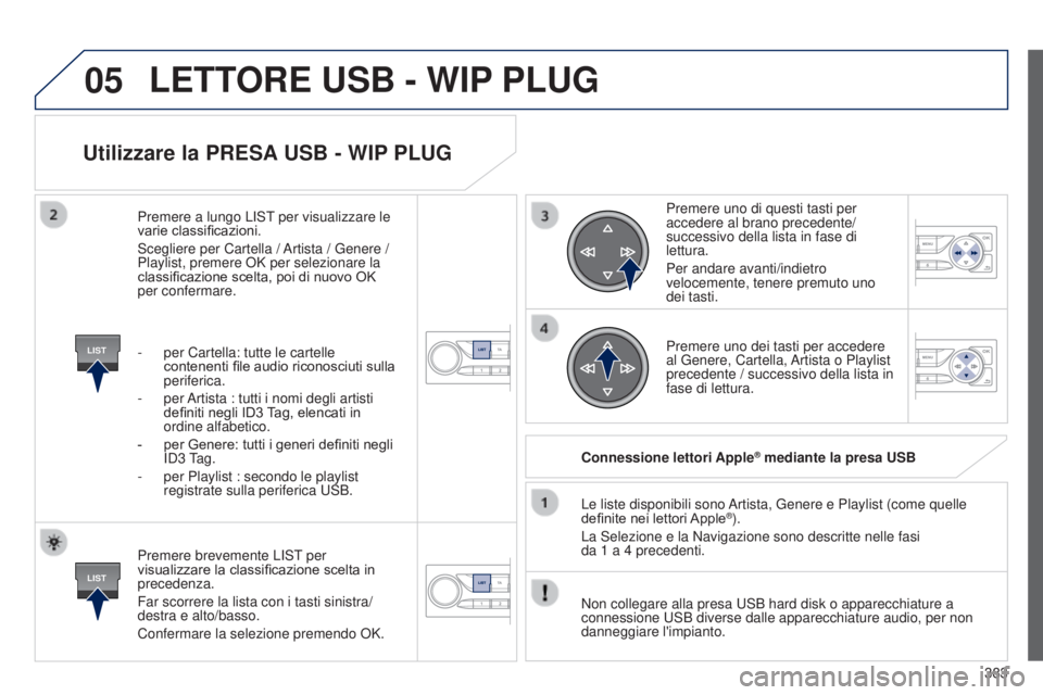 Peugeot 308 2015 Manuale del proprietario (in Italian) 05
LIST
LIST
383
Utilizzare la PRESA USB - WIP PLUG
Premere brevemente LIST per
visualizzare la classificazione scelta in
precedenza.
Far scorrere la lista con i tasti sinistra/
destra e alto/basso. Peugeot 308 2015 Manuale del proprietario (in Italian) 05
LIST
LIST
383
Utilizzare la PRESA USB - WIP PLUG
Premere brevemente LIST per
visualizzare la classificazione scelta in
precedenza.
Far scorrere la lista con i tasti sinistra/
destra e alto/basso.