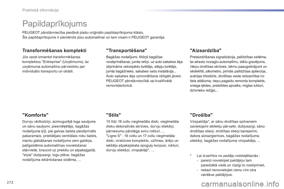 Peugeot 308 2015 Īpašnieka rokasgrāmata (in Latvian) 272
308_lv_Chap07_info-pratiques_ed01-2015
Papildaprīkojums
PEUGEOT pārstāvniecība piedāvā plašu oriģinālo papildaprīkojuma klāstu.
Šis papildaprīkojums ir piemērots jūsu automašīnai Peugeot 308 2015 Īpašnieka rokasgrāmata (in Latvian) 272
308_lv_Chap07_info-pratiques_ed01-2015
Papildaprīkojums
PEUGEOT pārstāvniecība piedāvā plašu oriģinālo papildaprīkojuma klāstu.
Šis papildaprīkojums ir piemērots jūsu automašīnai