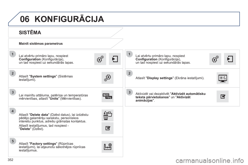 Peugeot 308 2015  Īpašnieka rokasgrāmata (in Latvian) 06
Mainīt sistēmas parametrus
SISTĒMA
Atlasīt "System settings" (Sistēmas 
iestatījumi). Lai atvērtu primāro lapu, nospiest 
Configuration (Konfigurācija),  
un tad nospiest uz sekund