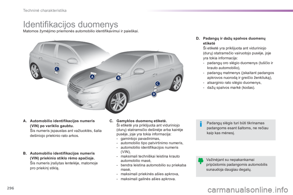 Peugeot 308 2015  Savininko vadovas (in Lithuanian) 296
308_lt_Chap09_caracteristiques-techniques_ed01-2015
Identifikacijos duomenysMatomos žymėjimo priemonės automobilio identifikavimui ir paieškai.
A.
 A
utomobilio identifikacijos numeris 
(VIN) 