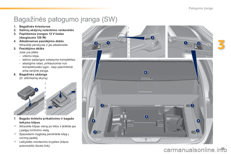 Peugeot 308 2015 Savininko vadovas (in Lithuanian) 95
308_lt_Chap03_confort_ed01-2015
Bagažinės patogumo įranga (SW)
1. Bagažinės šviestuvas
2. Galinių sėdynių nulenkimo rankenėlės
3.
P
apildomos įrangos 12 V lizdas
(daugiausia 120
Peugeot 308 2015 Savininko vadovas (in Lithuanian) 95
308_lt_Chap03_confort_ed01-2015
Bagažinės patogumo įranga (SW)
1. Bagažinės šviestuvas
2. Galinių sėdynių nulenkimo rankenėlės
3.
P
apildomos įrangos 12 V lizdas
(daugiausia 120
