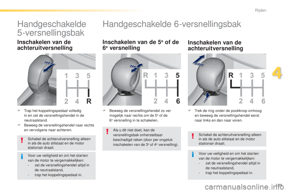 Peugeot 308 2015  Handleiding (in Dutch) 129
308_nl_Chap04_conduite_ed01-2015
Schakel de achteruitversnelling alleen 
in als de auto stilstaat en de motor 
stationair draait.
Voor uw veiligheid en om het starten 
van de motor te vergemakkeli