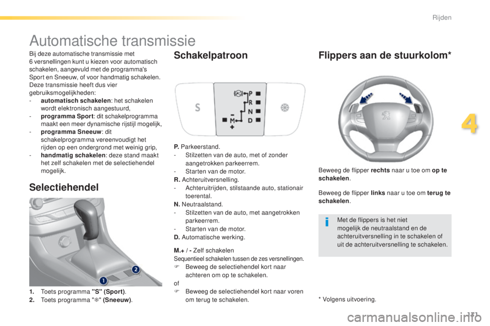 Peugeot 308 2015  Handleiding (in Dutch) 131
308_nl_Chap04_conduite_ed01-2015
Automatische transmissie
Bij deze automatische transmissie met 
6  versnellingen kunt u kiezen voor automatisch 
schakelen, aangevuld met de programma's 
Sport