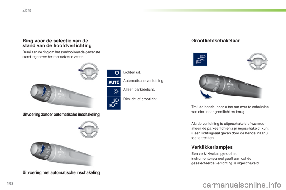 Peugeot 308 2015  Handleiding (in Dutch) 182
308_nl_Chap05_visibilite_ed01-2015
Uitvoering zonder automatische inschakeling
Uitvoering met automatische inschakeling
Ring voor de selectie van de 
stand van de hoofdverlichting
Draai aan de rin