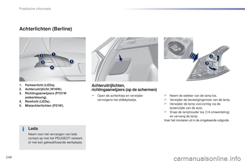 Peugeot 308 2015  Handleiding (in Dutch) 248
308_nl_Chap07_info-pratiques_ed01-2015
1. Parkeerlicht (LEDs).
2. Achteruitrijlicht (W16W).
3.
 R

ichtingaanwijzers (PY21W 
amberkleurig).
4.
 R

emlicht (LEDs).
5.
 M

istachterlichten (P21W).
A