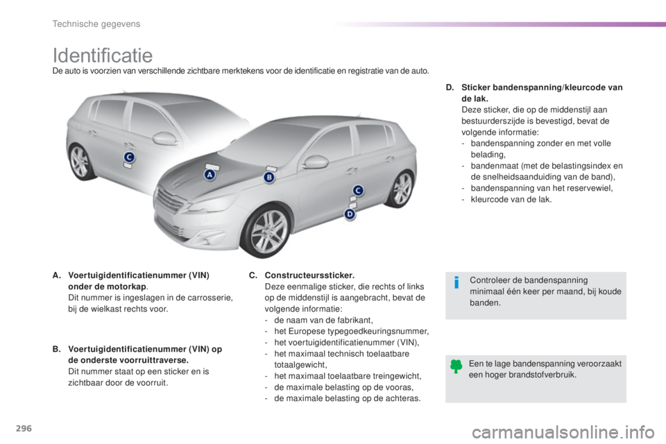 Peugeot 308 2015  Handleiding (in Dutch) 296
308_nl_Chap09_caracteristiques-techniques_ed01-2015
IdentificatieDe auto is voorzien van verschillende zichtbare merktekens voor de identificatie en registratie van de auto.
A.
 V
oertuigidentific