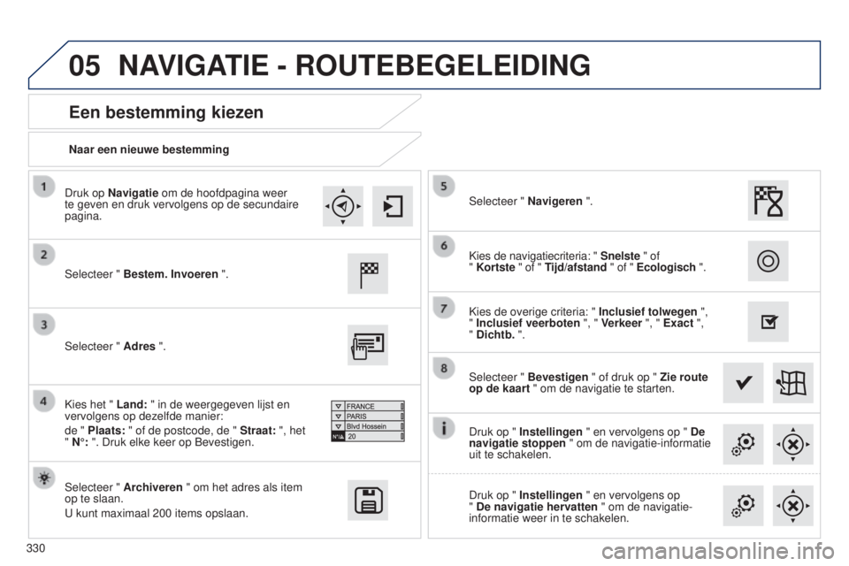 Peugeot 308 2015 Handleiding (in Dutch) 05
330Naar een nieuwe bestemming
Een bestemming kiezen
Selecteer " Bestem. Invoeren ".
Selecteer " Archiveren
" om het adres als item
op te slaan.
U kunt maximaal 200
items opslaan Peugeot 308 2015 Handleiding (in Dutch) 05
330Naar een nieuwe bestemming
Een bestemming kiezen
Selecteer " Bestem. Invoeren ".
Selecteer " Archiveren
" om het adres als item
op te slaan.
U kunt maximaal 200
items opslaan