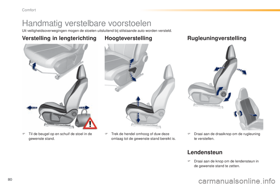 Peugeot 308 2015  Handleiding (in Dutch) 80
308_nl_Chap03_confort_ed01-2015
Handmatig verstelbare voorstoelen
F Til de beugel op en schuif de stoel in de gewenste stand. F
 T rek de hendel omhoog of duw deze 
omlaag tot de gewenste stand ber