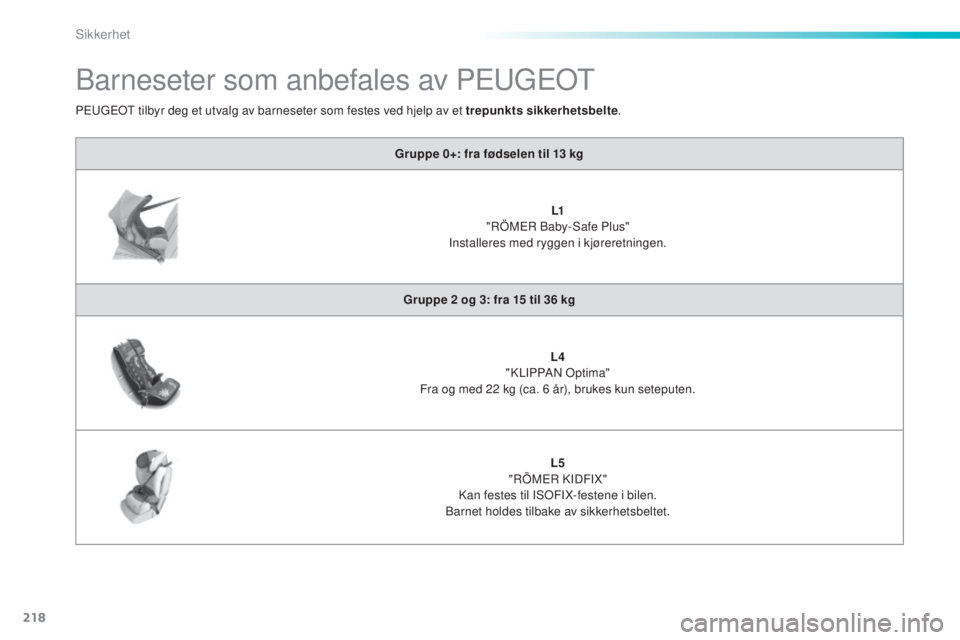 Peugeot 308 2015  Brukerhåndbok (in Norwegian) 218
308_no_Chap06_securite_ed01-2015
Barneseter som anbefales av PEUGEOT
Gruppe 0+: fra fødselen til 13 kg
L1
 "

RÖMER Baby-Safe Plus" 
Installeres med ryggen i kjøreretningen.
Gruppe 2
  