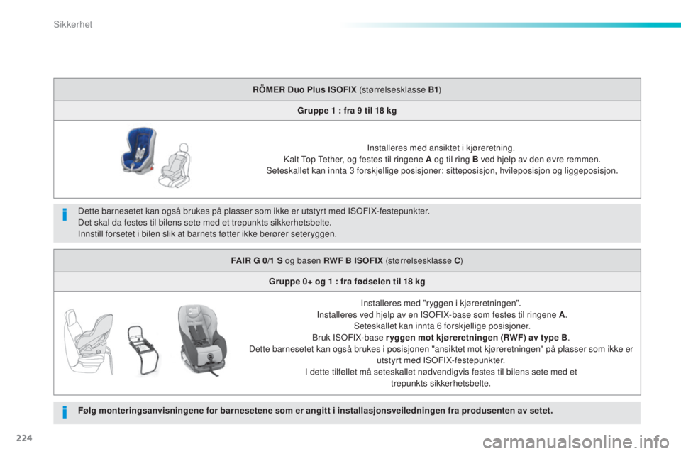 Peugeot 308 2015 Brukerhåndbok (in Norwegian) 224
308_no_Chap06_securite_ed01-2015
Dette barnesetet kan også brukes på plasser som ikke er utstyrt med ISOFIX-festepunkter.
Det skal da festes til bilens sete med et trepunkts sikkerhetsbelte.
Inn Peugeot 308 2015 Brukerhåndbok (in Norwegian) 224
308_no_Chap06_securite_ed01-2015
Dette barnesetet kan også brukes på plasser som ikke er utstyrt med ISOFIX-festepunkter.
Det skal da festes til bilens sete med et trepunkts sikkerhetsbelte.
Inn