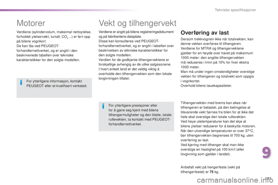 Peugeot 308 2015 Brukerhåndbok (in Norwegian) 293
308_no_Chap09_caracteristiques-techniques_ed01-2015
Vekt og tilhengervekt
Verdiene er angitt på bilens registreringsdokument
og på fabrikantens dataplate.
Disse kan konsulteres ved PEUGEOT-
for Peugeot 308 2015 Brukerhåndbok (in Norwegian) 293
308_no_Chap09_caracteristiques-techniques_ed01-2015
Vekt og tilhengervekt
Verdiene er angitt på bilens registreringsdokument
og på fabrikantens dataplate.
Disse kan konsulteres ved PEUGEOT-
for