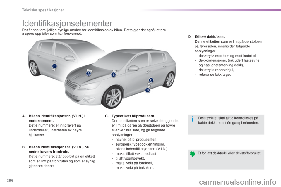 Peugeot 308 2015 Brukerhåndbok (in Norwegian) 296
308_no_Chap09_caracteristiques-techniques_ed01-2015
Identifikasjonselementer
Det finnes forskjellige synlige merker for identifikasjon av bilen. Dette gjør det også lettere
å spore opp biler Peugeot 308 2015 Brukerhåndbok (in Norwegian) 296
308_no_Chap09_caracteristiques-techniques_ed01-2015
Identifikasjonselementer
Det finnes forskjellige synlige merker for identifikasjon av bilen. Dette gjør det også lettere
å spore opp biler