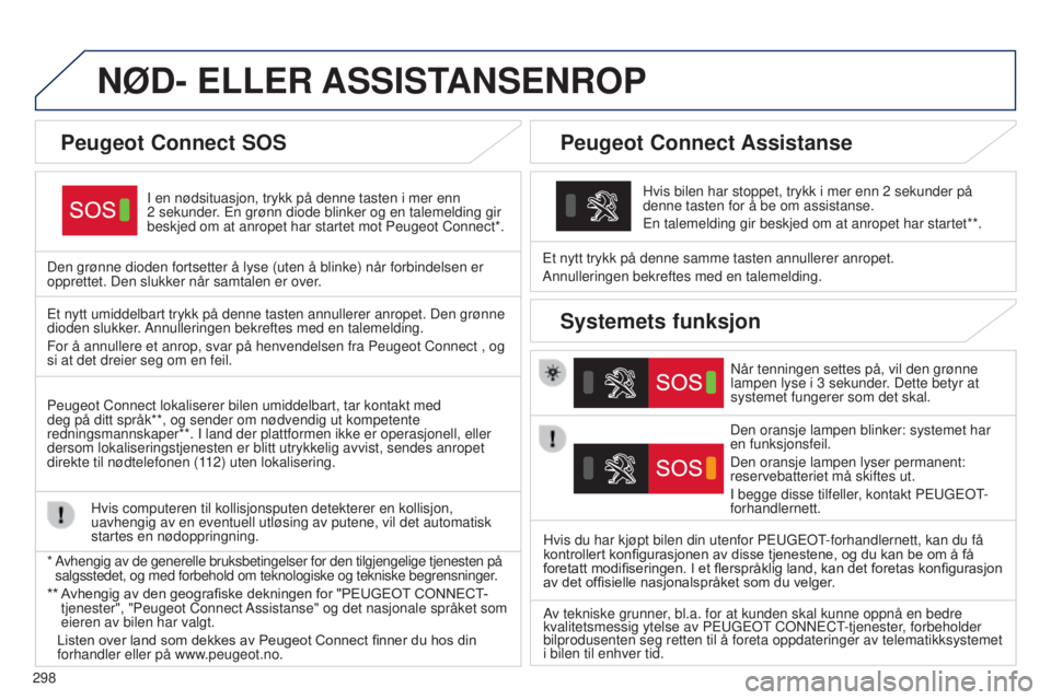 Peugeot 308 2015 Brukerhåndbok (in Norwegian) 298
NØD- ELLER ASSIST ANSENROP
I en nødsituasjon, trykk på denne tasten i mer enn
2 sekunder. En grønn diode blinker og en talemelding gir
beskjed om at anropet har startet mot Peugeot Connect* Peugeot 308 2015 Brukerhåndbok (in Norwegian) 298
NØD- ELLER ASSIST ANSENROP
I en nødsituasjon, trykk på denne tasten i mer enn
2 sekunder. En grønn diode blinker og en talemelding gir
beskjed om at anropet har startet mot Peugeot Connect*