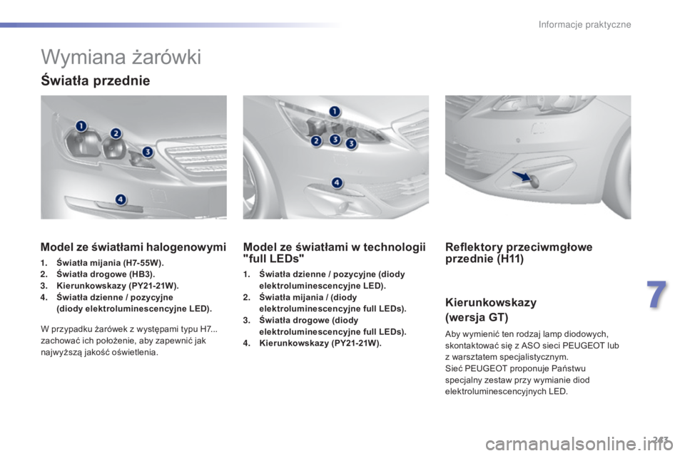 Peugeot 308 2015 Instrukcja Obsługi (in Polish) 243
308_pl_Chap07_info-pratiques_ed01-2015
Wymiana żarówki
Światła przednie
Model ze światłami w technologii
"full LEDs"
1. Światła dzienne / pozycyjne (diody elektroluminescencyjne Peugeot 308 2015 Instrukcja Obsługi (in Polish) 243
308_pl_Chap07_info-pratiques_ed01-2015
Wymiana żarówki
Światła przednie
Model ze światłami w technologii
"full LEDs"
1. Światła dzienne / pozycyjne (diody elektroluminescencyjne