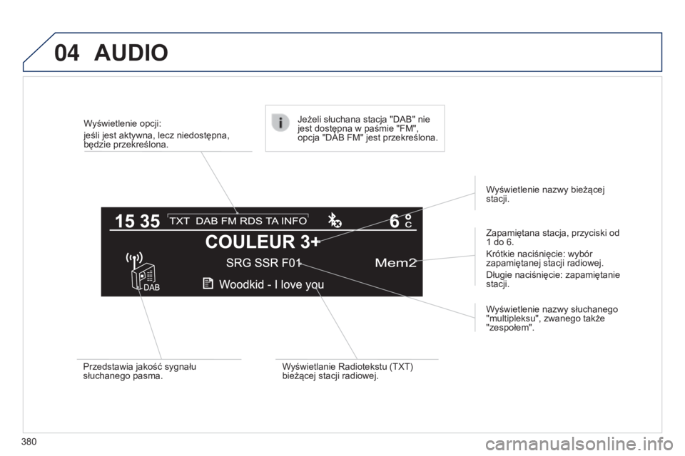 Peugeot 308 2015 Instrukcja Obsługi (in Polish) 04
380Wyświetlenie opcji:
jeśli jest aktywna, lecz niedostępna,
będzie przekreślona.
Zapamiętana stacja, przyciski od
1 do 6.
Krótkie naciśnięcie: wybór
zapamiętanej stacji radiowej.
D Peugeot 308 2015 Instrukcja Obsługi (in Polish) 04
380Wyświetlenie opcji:
jeśli jest aktywna, lecz niedostępna,
będzie przekreślona.
Zapamiętana stacja, przyciski od
1 do 6.
Krótkie naciśnięcie: wybór
zapamiętanej stacji radiowej.
D