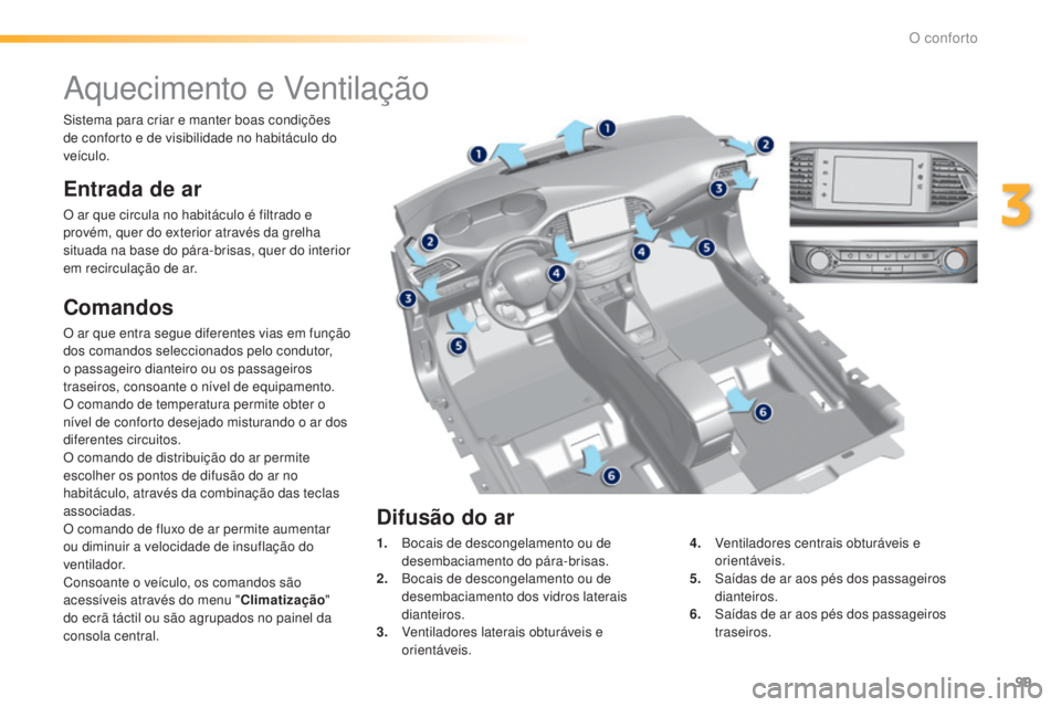 Peugeot 308 2015  Manual do proprietário (in Portuguese) 99
308_pt_Chap03_confort_ed01-2015
Aquecimento e Ventilação
Entrada de ar
O ar que circula no habitáculo é filtrado e 
provém, quer do exterior através da grelha 
situada na base do pára-brisas